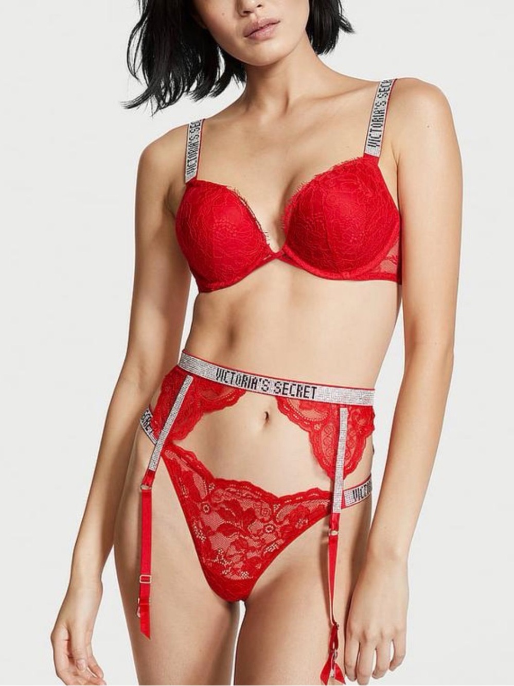New Victoria’s Secret Luxe Lingerie Logo Shine Strap Red Garter Belt